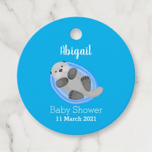 Geluidsgeluk zee otter blauwe cartoon illustratie bedankjes labels (Voorkant)