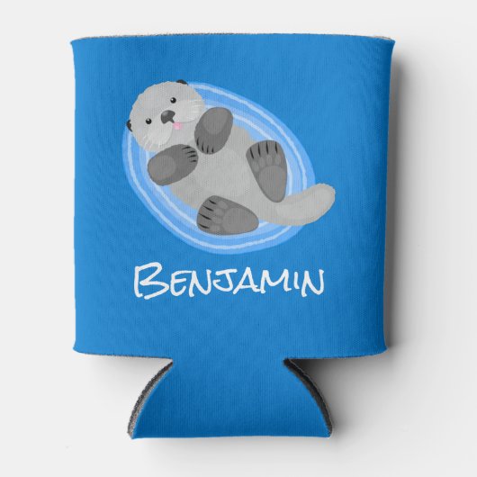 Geluidsgeluk zee otter blauwe cartoon illustratie blikjeskoeler (Voorkant)