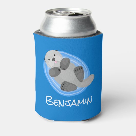 Geluidsgeluk zee otter blauwe cartoon illustratie blikjeskoeler (Blikje Achterkant)