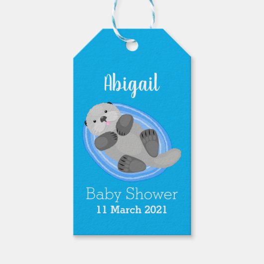 Geluidsgeluk zee otter blauwe cartoon illustratie cadeaulabel (Voorkant)