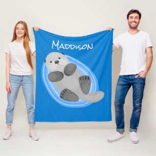 Geluidsgeluk zee otter blauwe cartoon illustratie fleece deken