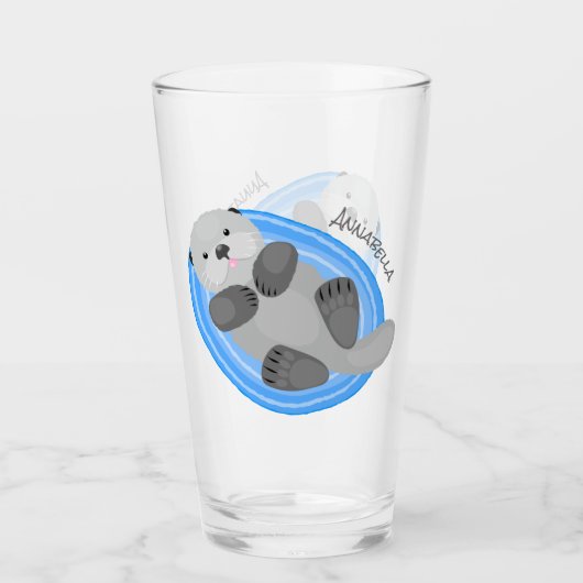 Geluidsgeluk zee otter blauwe cartoon illustratie glas (Voorkant)