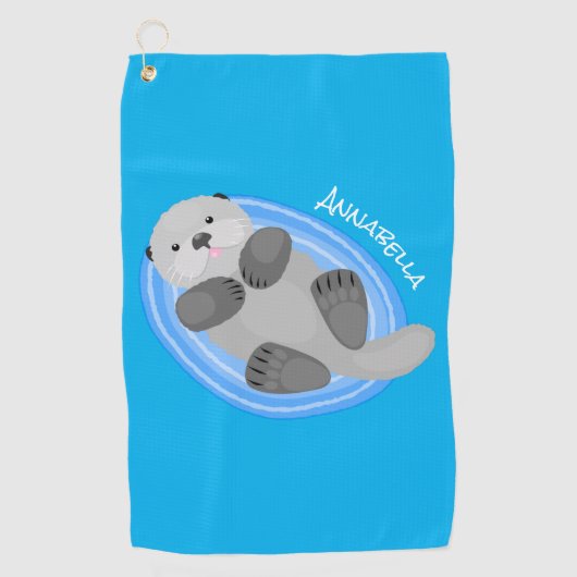 Geluidsgeluk zee otter blauwe cartoon illustratie golfhanddoek (Voorkant)