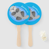 Geluidsgeluk zee otter blauwe cartoon illustratie handwaaier (Voorkant en achterkant)