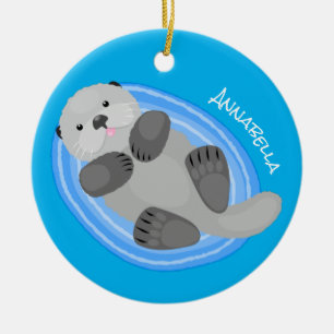 Geluidsgeluk zee otter blauwe cartoon illustratie keramisch ornament
