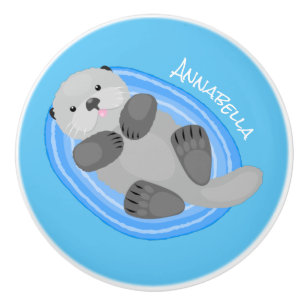 Geluidsgeluk zee otter blauwe cartoon illustratie keramische knop