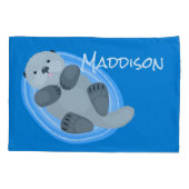 Geluidsgeluk zee otter blauwe cartoon illustratie kussensloop (Achterkant)