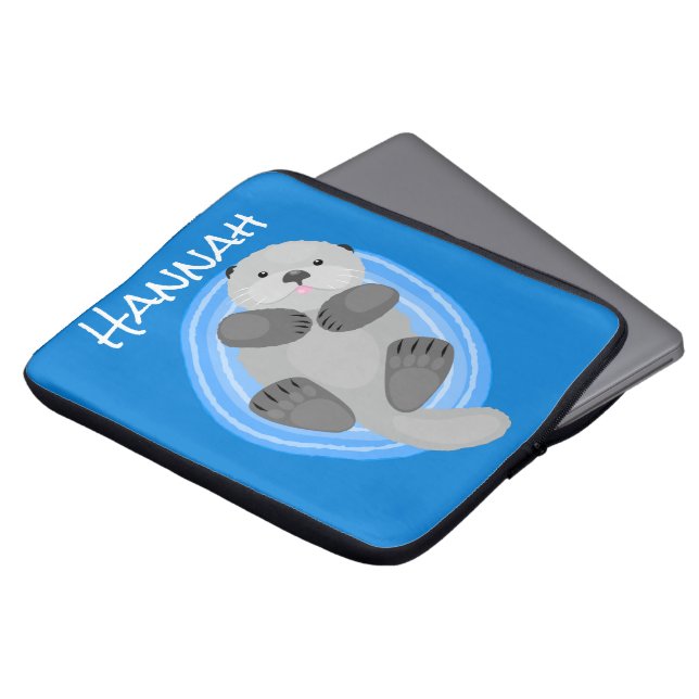 Geluidsgeluk zee otter blauwe cartoon illustratie laptop sleeve (Voorkant top)