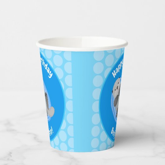 Geluidsgeluk zee otter blauwe cartoon illustratie papieren bekers (Links)