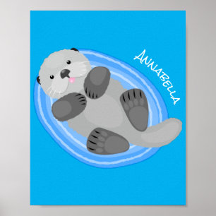 Geluidsgeluk zee otter blauwe cartoon illustratie poster