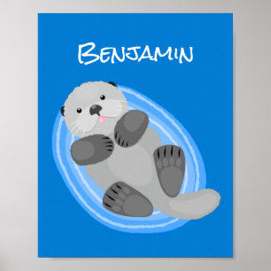 Geluidsgeluk zee otter blauwe cartoon illustratie poster