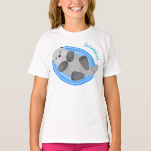 Geluidsgeluk zee otter blauwe cartoon illustratie t-shirt