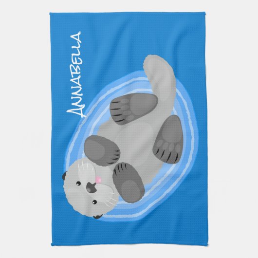 Geluidsgeluk zee otter blauwe cartoon illustratie theedoek (Verticaal)