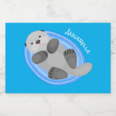 Geluidsgeluk zee otter blauwe cartoon illustratie voedselcontainer etiket (Enkel label)