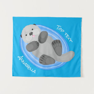 Geluidsgeluk zee otter blauwe cartoon illustratie wandkleed