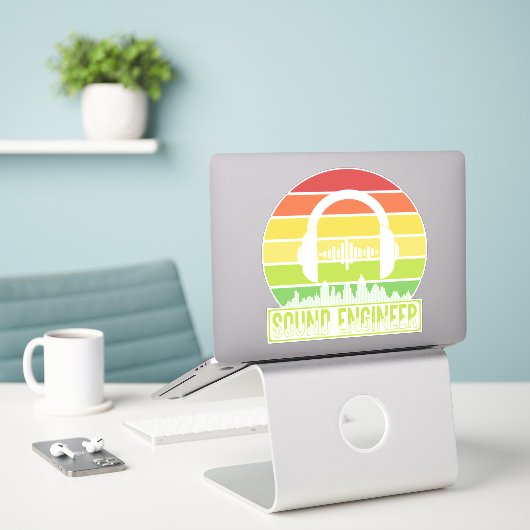 Geluidsmeetkundige retro-sunset hoofdtelefoons sticker (Laptop op bureau)