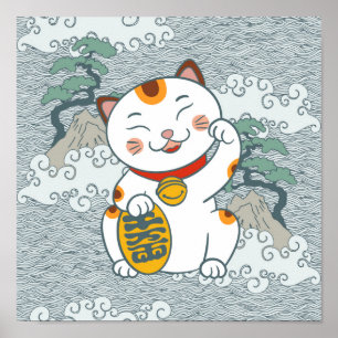 Geluk Cat Calico Katte   Maneki Neko Linkerpoot Poster