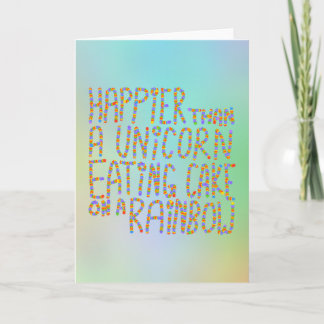 Geluk dan een eenhoorntje op een regenboog. kaart