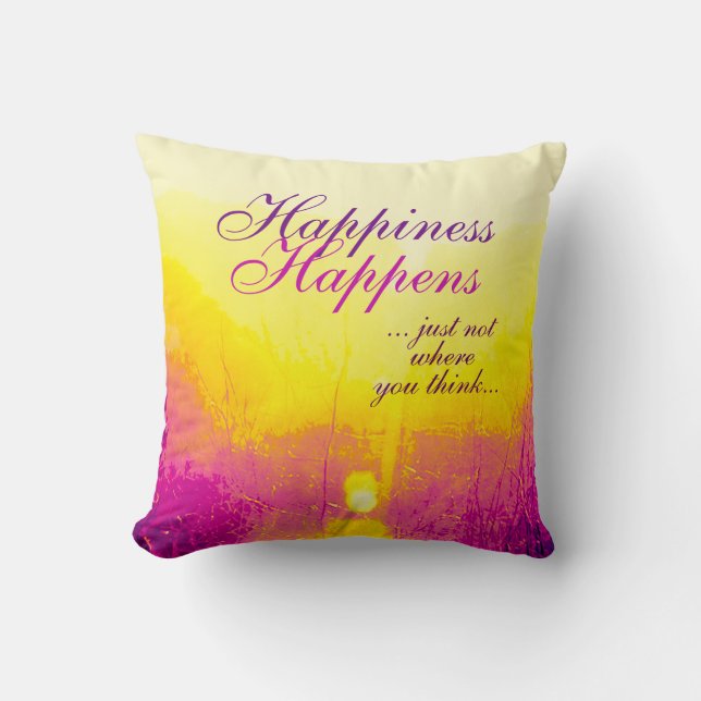 "Geluk gebeurt" Geel, magenta design Kussen (Voorkant)