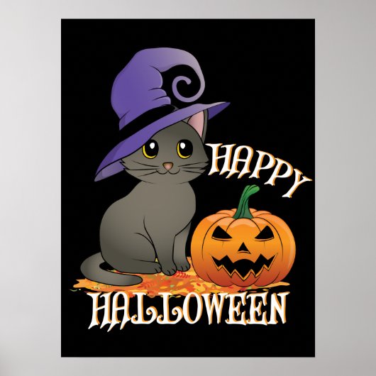 Geluk Halloween Cat met pompoen Poster (Voorkant)