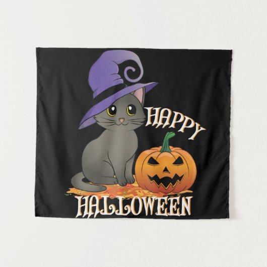 Geluk Halloween Cat met pompoen Wandkleed (Voorkant (horizontaal))