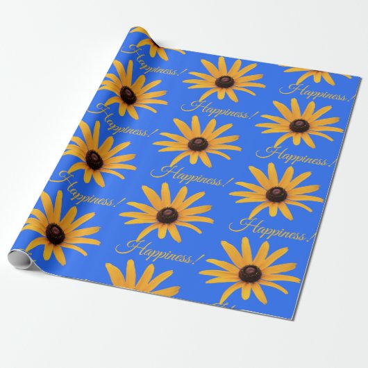 "Geluk" Heldere Zonnegele Bloemen, Royal Blue Cadeaupapier (Uitgerold)