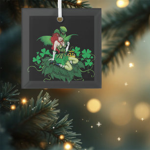 Geluk Iers Groen Fee Rode Haar Klaverblad Glas Ornament