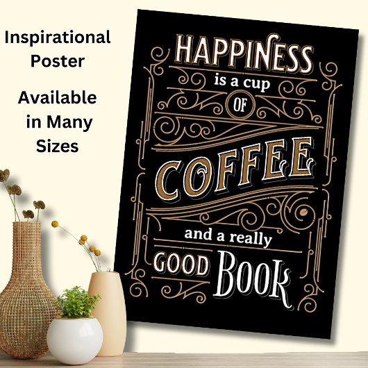 Geluk is de beker van koffie en goed boek donker poster