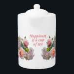 Geluk is een kopje thee Elegante bloemige theepot<br><div class="desc">Deze sierlijke bloemige theepot heeft  roze rozen en quote: Happiness is a cup of tea. Maakt een prachtig cadeau voor theeliefhebbers.</div>