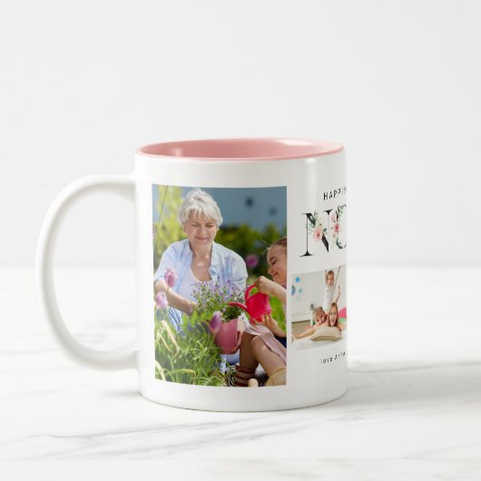 Geluk is een Nonna Blush Floral 4 foto Tweekleurige Koffiemok (Links)