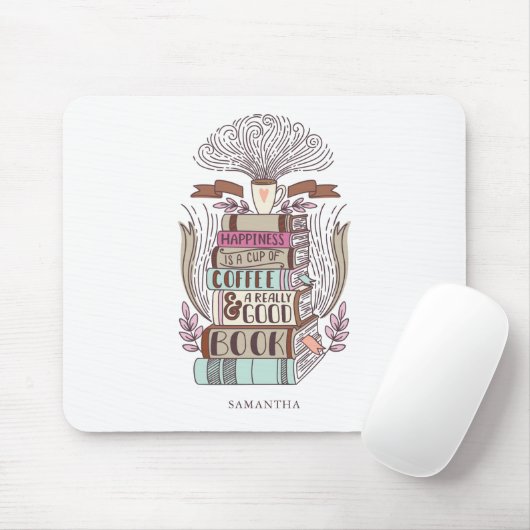 Geluk is koffie en boeken muismat (Met muis)