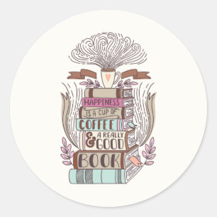 Geluk is koffie en boeken ronde sticker