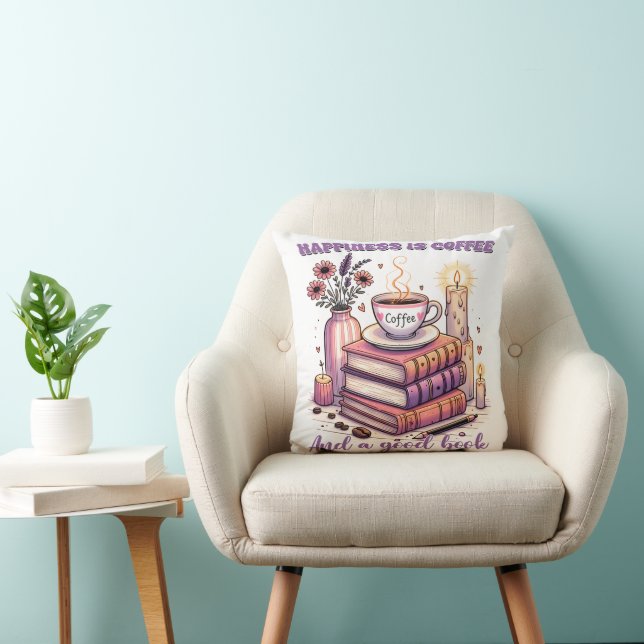 Geluk is koffie en een goed boek kussen (Stoel)