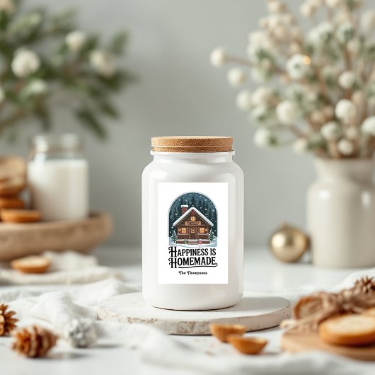 Geluk is zelfgemaakte cabin design kerst voedselcontainer etiket