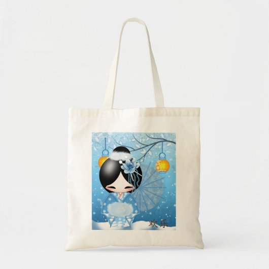 Geluk Kokeshi Doll in haar winteromgeving Tote Bag (Voorkant)