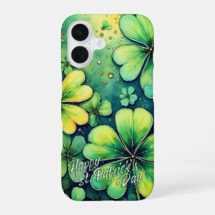Geluk op St. Patrick's Day - Watercolor Shamrocks iPhone 16 Hoesje