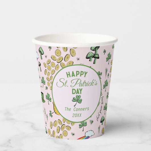 Geluk & Vreugde Munten & Groene Shamrocks St Patri Papieren Bekers (Voorkant)