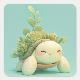 Gelukbrengende Klei Zeeschildpad met Succulent Vierkante Sticker