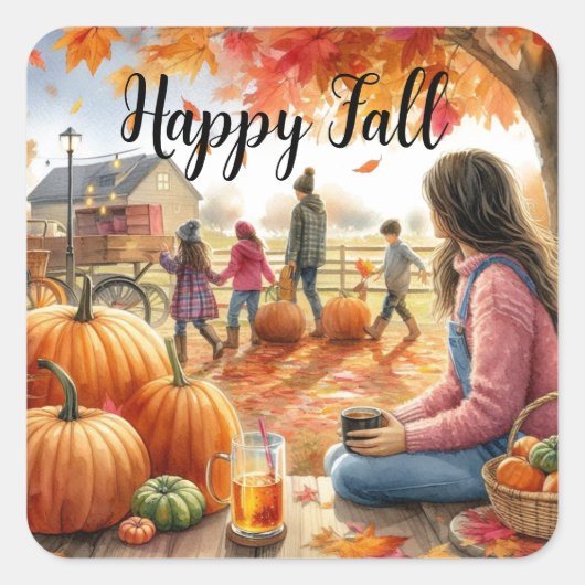 Gelukige herfst herfstpompoenen vierkante sticker (Voorkant)