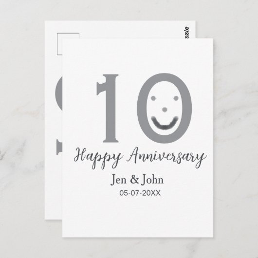 Gelukkig 10-jarig jubileum naam datum grijs vet em briefkaart (Voorkant / Achterkant)