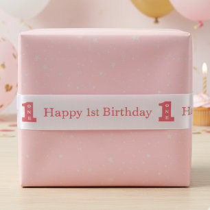 Gelukkig 1e verjaardagsfeest meisjes roze één satijnen lint