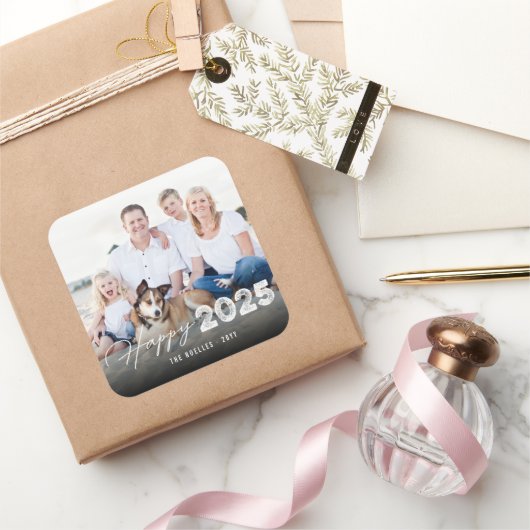 Gelukkig 2025 Klad en Kwast Nieuwjaar Foto Vakanti Vierkante Sticker (Geschenken)