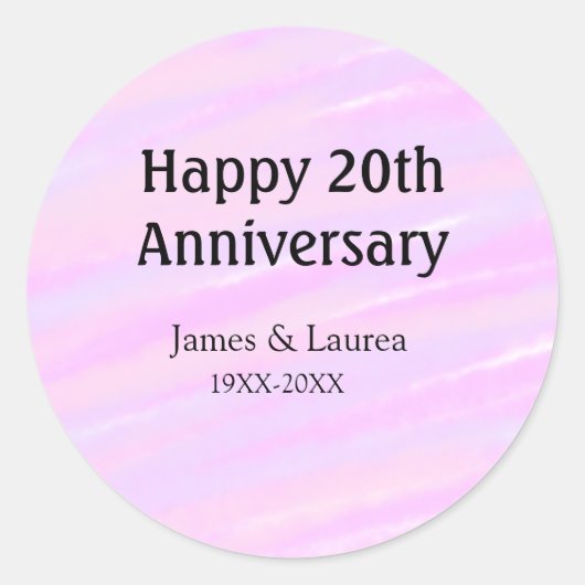 Gelukkig 20-jarig jubileum roze paarse pastel naam ronde sticker (Voorkant)