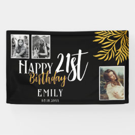 Gelukkig 21e Verjaardag Goud Loof 3 Foto Achtergro Spandoek