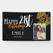 Gelukkig 21e Verjaardag Goud Loof Foto Achtergrond Spandoek (Horizontaal)