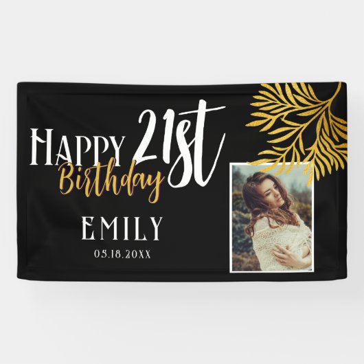 Gelukkig 21e Verjaardag Goud Loof Foto Achtergrond Spandoek (Horizontaal)