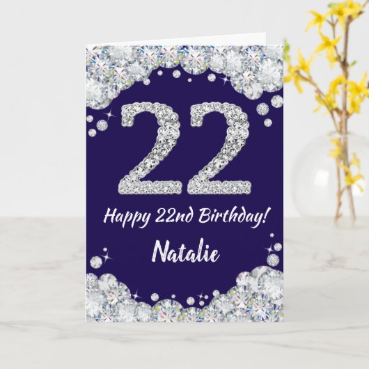 Gelukkig 22e verjaardagsfeest Navy-blauw en zilver Kaart (Gele Bloem)