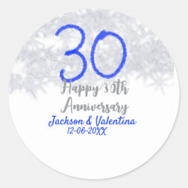 Gelukkig 30-jarig huwelijksjubileum zilver blauwe  ronde sticker
