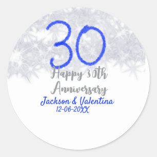 Gelukkig 30-jarig huwelijksjubileum zilver blauwe ronde sticker