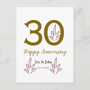 Gelukkig 30-jarig jubileum naam datum gouden rode briefkaart